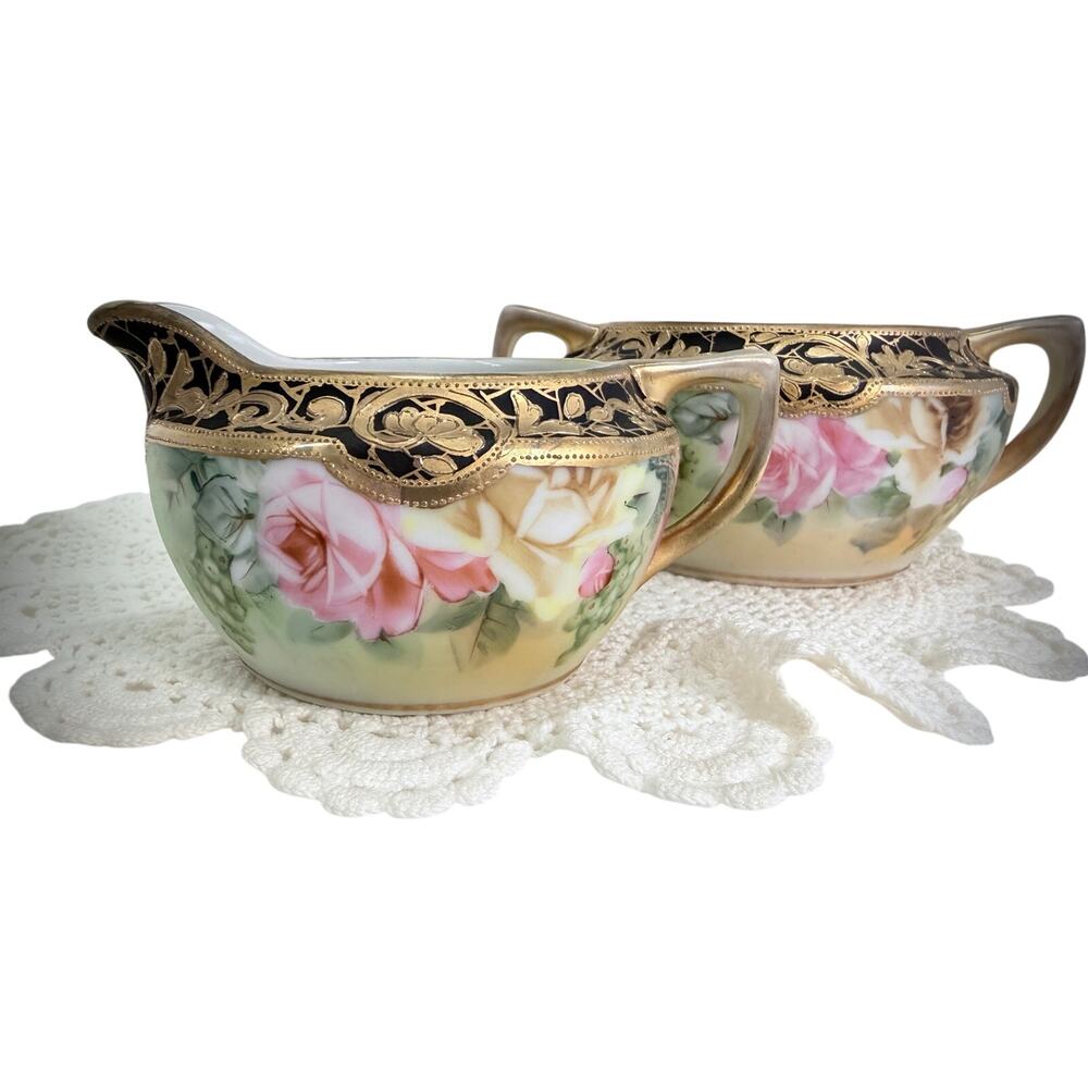 Antique Hand-Painted Nippon Creamer & Sugar Set – Multicolored Cottage Roses